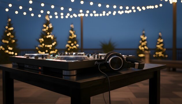 Professional dj controller and headphones on a table for a live outdoor music performance at a winter holidays celebration event concept with festive bokeh lights and trees