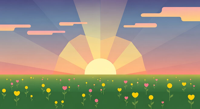 Pixel art sunrise over a field of colorful flowers, dawn sky with clouds and sun rays, retro gaming aesthetic, summer meadow in bloom