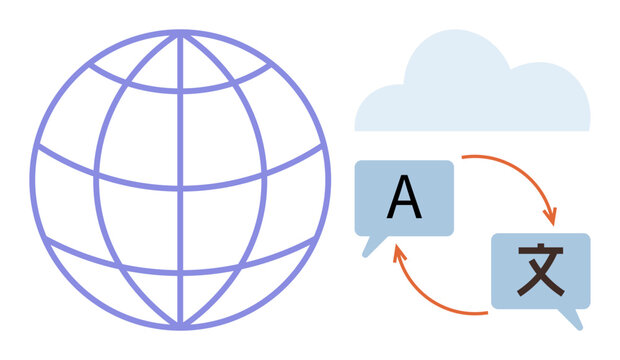 Global communication, language translation, technology, international connections, multilingual support, cross-cultural exchange. A globe and speech bubbles with translated symbols. Language