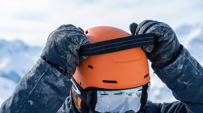 Winter sports enthusiast pulling an elastic goggle strap over an orange ski helmet outdoors