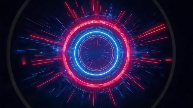 Glowing neon concentric ring tunnel with futuristic digital glowing motion and energetic vibe