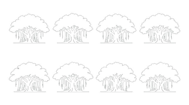 Set of 8 Editable Stroke Banyan Tree Outline Icons &mdash; Wide Canopy Aerial Root Tree Minimalist Line Art Vector Isolated on White