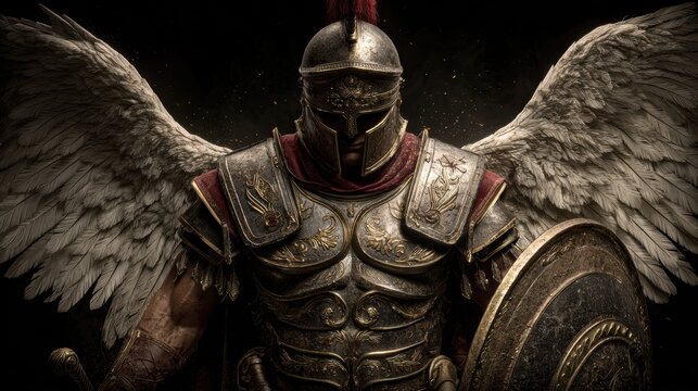 Fantasy wallpaper. A detailed digital artwork depicts a warrior in a regal pose. The warrior wears ornate, metallic armor with intricate designs and a helmet featuring a prominent red feather. Large.