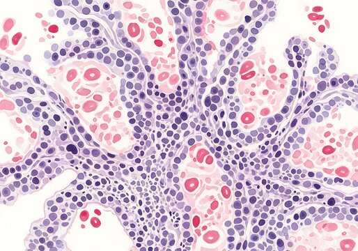 Microscopic view of stained blood cells with highlighted platelets and white blood cells