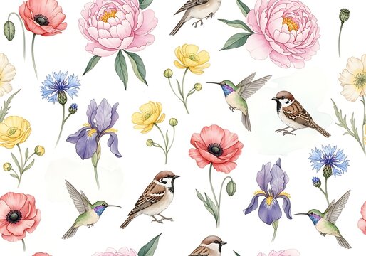 Whimsical floral and bird watercolor pattern in soft pastel tones