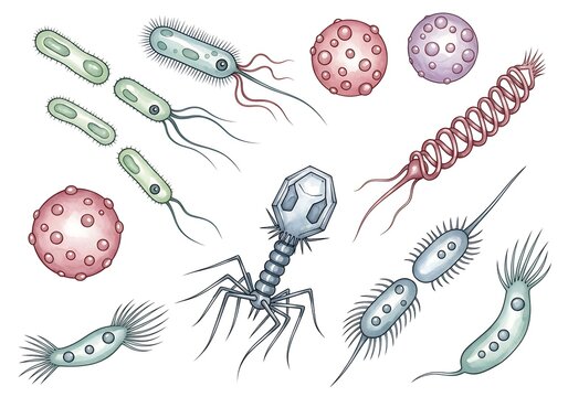 Illustrations of various microorganisms and parasites under a microscope