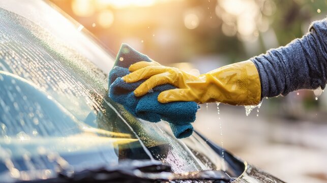Hand in yellow glove cleaning car windshield with microfiber cloth. Close-up of wet glass surface during auto wash. Sunlight reflections and water drops highlight vehicle cleaning and maintenance