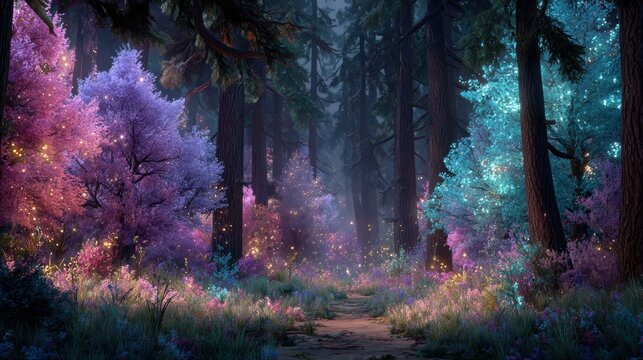 Fantasy wallpaper. A vivid, fantastical depiction of a dense forest bathed in a magical glow. Tall, slender trees with a mix of pink, purple.