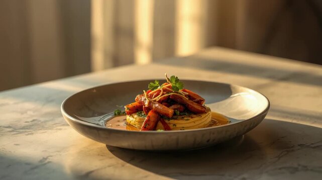 Creamy polenta with roasted glazed carrot stack, parsley herb garnish and warm jus