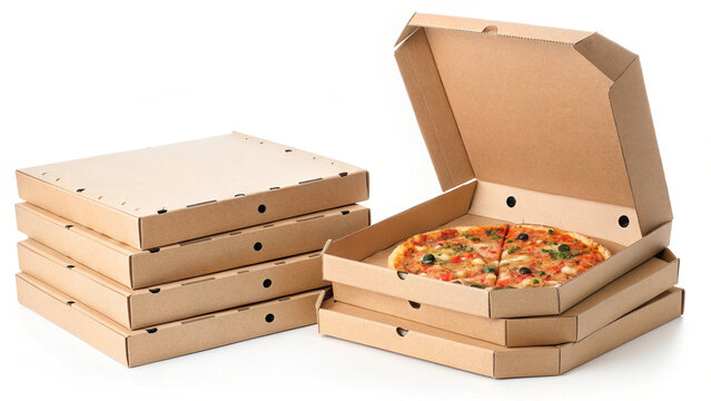 A stack of pizza boxes with one opened to reveal a delicious, freshly made pizza inside