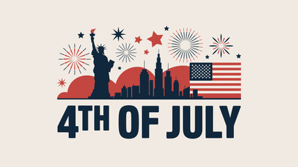 4th of July Independence Day Banner with Statue of Liberty Silhouette, American Flag, and Fireworks Over City Skyline © FHGrafixx