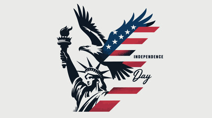 Fototapeta premium Independence Day Illustration with Statue of Liberty, Bald Eagle Silhouette, and American Flag Design Elements