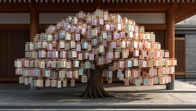 観光訴求に映えるパステル色のおみくじが咲く現代神社の美しい風景