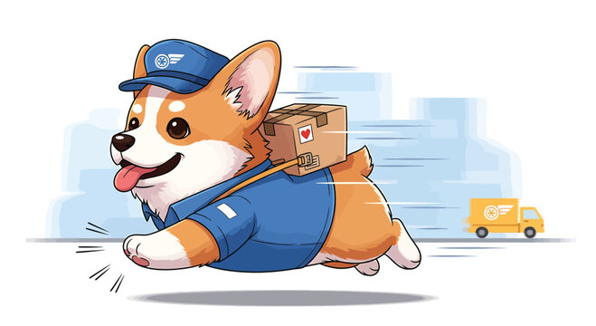 funny corgi dog courier running with package