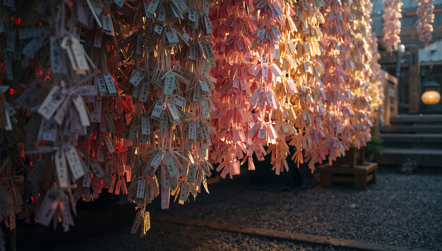 やわらかな光に包まれたおみくじが咲く現代神社の幻想的な風景