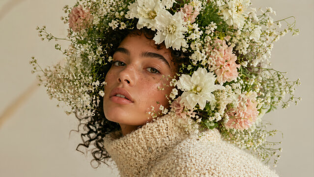 Ethereal portrait of a beautiful young woman with freckles and curly hair wearing a voluminous crown of white and pink flowers and a cozy cream sweater against a neutral background.