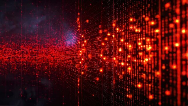 Red digital data grid glowing network with streaming particles and dynamic pixel light trail
