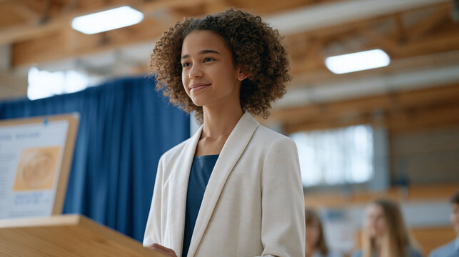 teenage girl presenting science fair project on soil microbiome to judges in gymnasium, tri-fold display board showing petri dish results, glass jar soil samples labeled by collection site, STEM edu