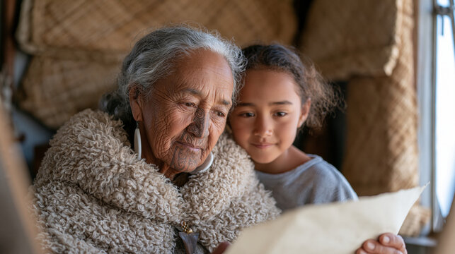 Indigenous Māori grandmother tracing the lines of her tā moko facial tattoo in a mirror, her granddaughter watching intently beside her, the cultural identity moment unfolding in a warm domestic kit