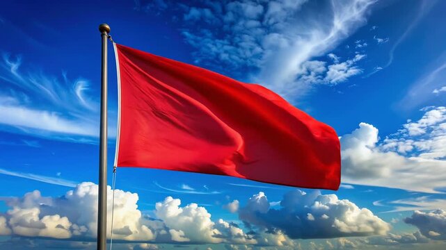 Vivid red flag fluttering strongly in clear blue sky representing alert notice or maritime signal