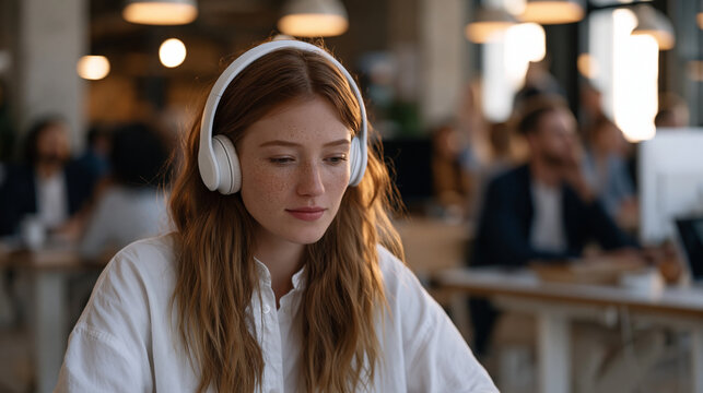 Data labeling contractor at a shared desk in a crowded urban coworking space, wearing headphones and classifying synthetic image batches on a widescreen monitor, surrounding workers equally focused,