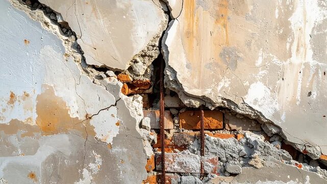 Closeup cracked plaster wall exposing bricks and steel reinforcement showing structural damage