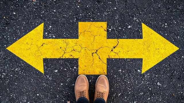 Person standing above yellow directional arrows on asphalt symbolizing decision between paths