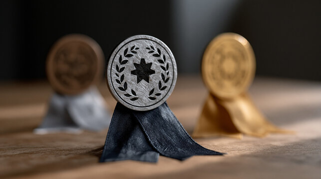 Tiered achievement badge system showing bronze, silver, and gold certification levels with progressive icon complexity for professional skills training platform and online learning course completion