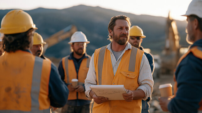 Pre-start hard hat briefing at a civil earthworks site where a project engineer sketches a cut-and-fill sequence on a portable whiteboard as excavator operators and dump truck drivers stand in a loo