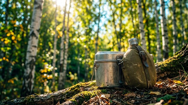 Vintage military canteen and mess kit on mossy log in birch forest. WWII soldier gear in autumn woodland. Remembrance symbol for victory day celebration