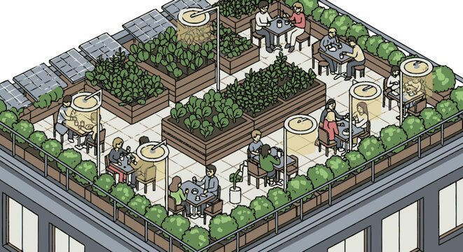 Isometric illustration of people dining in an urban rooftop garden