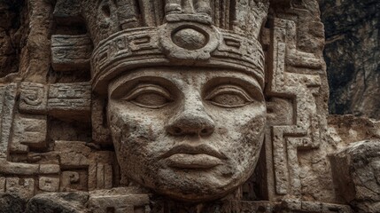 Obraz premium Maya Aztec civilization, Mexico culture. Mysterious, fantasy. A detailed stone carving of a human face, intricately carved with a regal and majestic appearance.