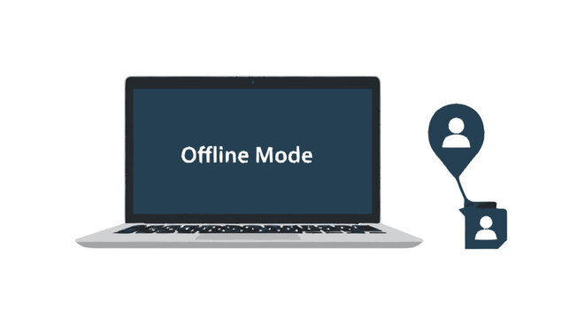 Laptop displaying offline mode text with disconnected user profile icons