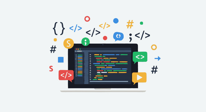 Laptop showing source code with floating programming and development icons