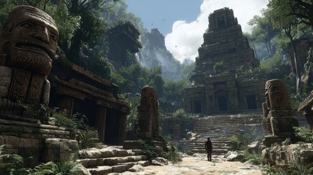 Maya Aztec civilization, Mexico culture. Mysterious, fantasy. A vivid portrayal of an ancient Mayan temple complex in a lush, green jungle.