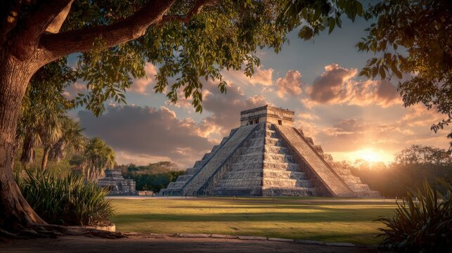 Maya Aztec civilization, Mexico culture. Mysterious, fantasy. A vivid portrayal of a Mayan archaeological site bathed in the warm glow of the setting sun. The main subject is a majestic pyramid.