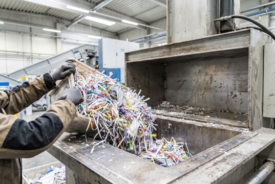 Industrial worker emptying a bin of colorful shredded paper waste into a heavy metal recycling compactor