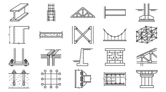Structural Engineering Line Icons Set Showing Construction Details, Bridges, Beams, Columns and Foundations