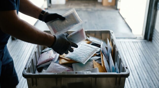 Warehouse worker wearing gloves sorting bubble mailer envelopes into a large plastic container