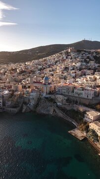 Vertical Aerial Pull Back of Vaporia in Syros - Ermoupoli