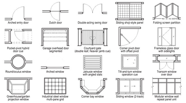 Architectural Door and Window Symbols Set for Floor Plans, Blueprints and Elevation Drawings