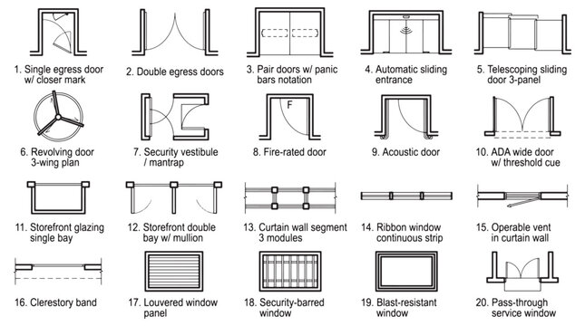 Architectural Door and Window Symbols Set &mdash; Plan and Elevation Line Icons for Building Drawings