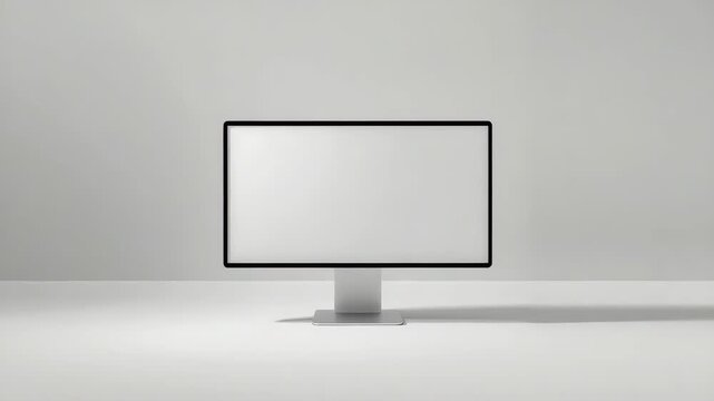 Minimalist computer monitor screen on clean white desk with soft shadow evoking calm minimalism