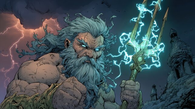 Greek mythology sea god Poseidon. Fantasy. A vivid illustration depicts a muscular, bearded man with a fierce expression, wielding a trident emitting a bright blue lightning bolt. His long.