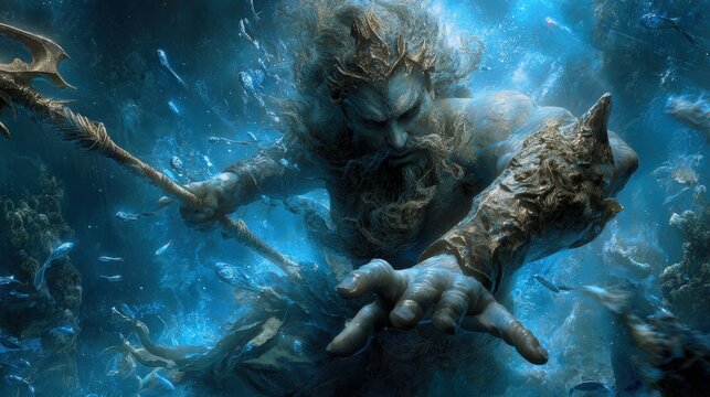 Greek mythology sea god Poseidon. Fantasy. A vivid, fantastical depiction of a mythical creature, likely a mermaid or other aquatic creature, set against a backdrop of deep blue water.
