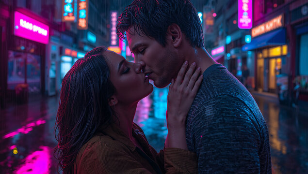 雨のネオンに包まれてキスを交わす西洋系女性二十代と西洋系男性二十代