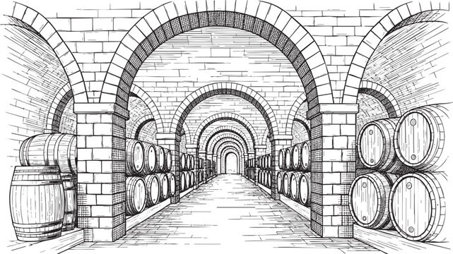 Wine cellar with wooden barrels illustration, hand-drawn vector sketch of a stone arch vineyard basement.