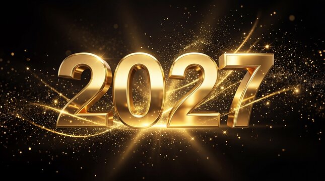 Golden 2027 numerals glowing with sparkles and light rays on dark background. Festive new year 2027 celebration design and chinese zodiac year of the sheep concept for holiday greetings