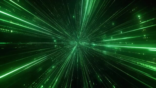 Abstract green light tunnel streaks forming futuristic motion warp background with glowing lines