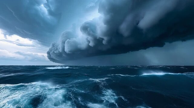 Huge ocean storm wave under dark swirling clouds dramatic extreme weather seascape